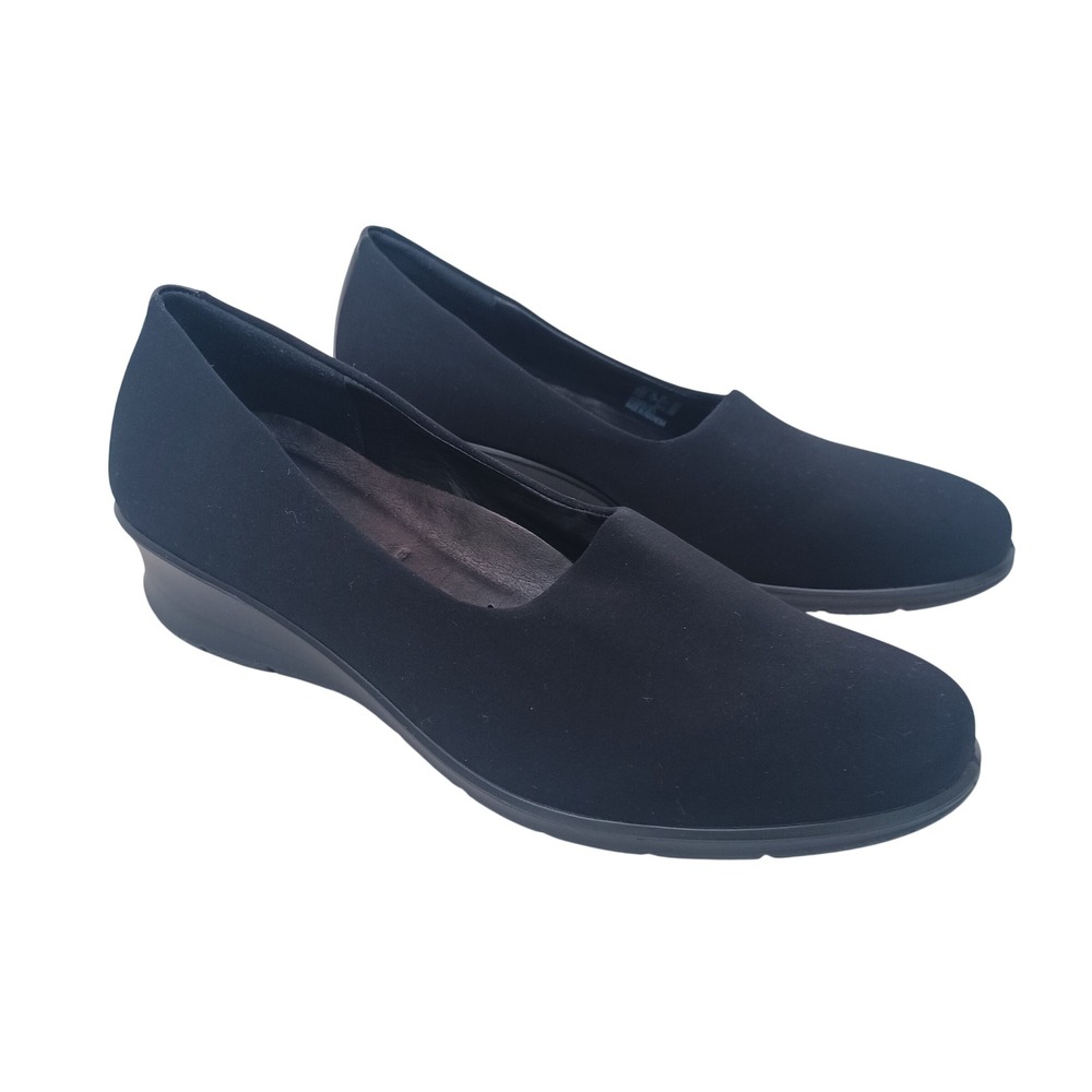 ECCO Womens Black Textile Low Wedge Pumps Round Toe Slip On Shoes Size 39 US 8.5